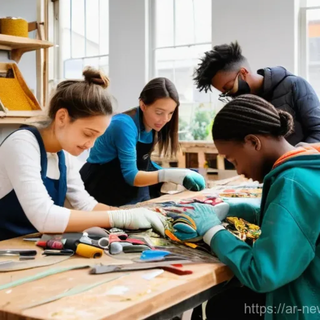 업사이클링 스타트업의 사업 계획서 작성법 - **Prompt:** A vibrant and bustling upcycling workshop, seen from a slightly elevated perspective. In...