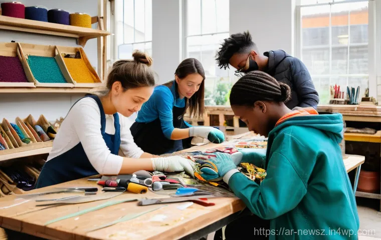 업사이클링 스타트업의 사업 계획서 작성법 - **Prompt:** A vibrant and bustling upcycling workshop, seen from a slightly elevated perspective. In...