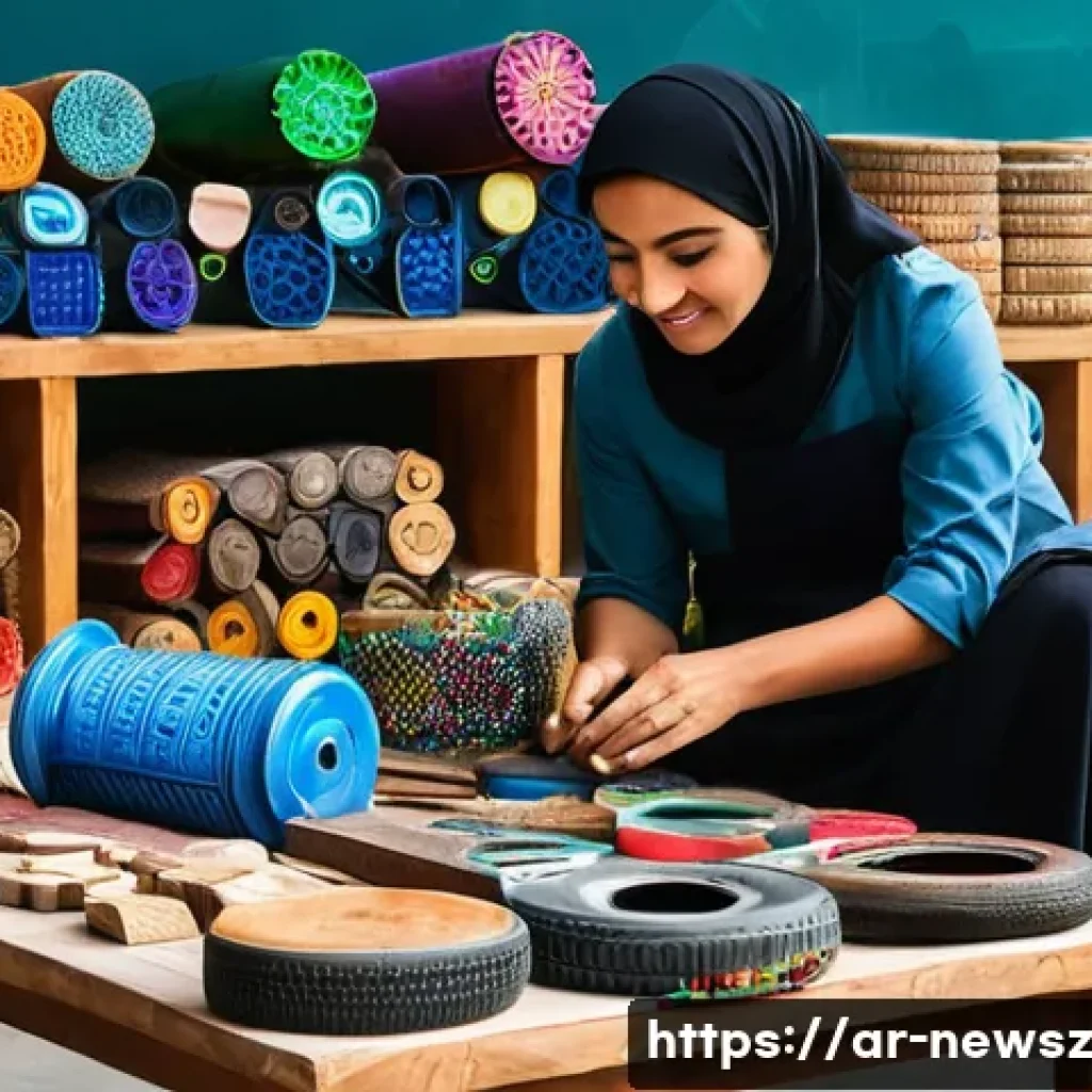 업사이클링 스타트업의 해외 진출 사례 - **Prompt 1: "The Artisan's Touch: Transforming Waste in an Arab Workshop"**
"A vibrant, well-lit...