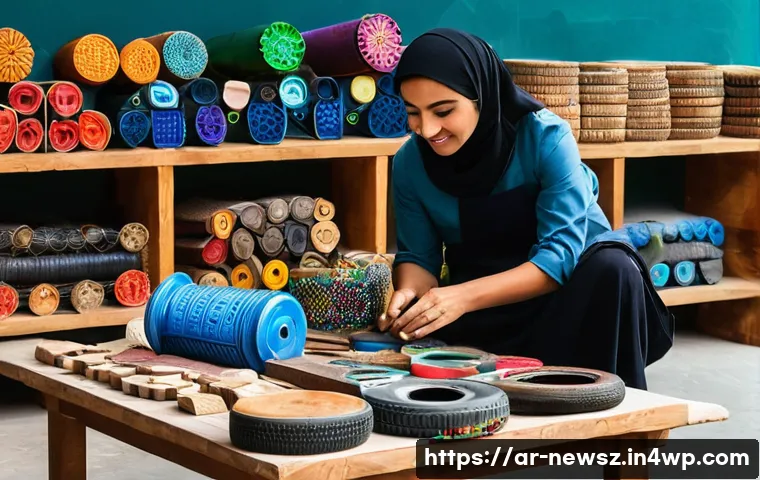 업사이클링 스타트업의 해외 진출 사례 - **Prompt 1: "The Artisan's Touch: Transforming Waste in an Arab Workshop"**
    "A vibrant, well-lit...