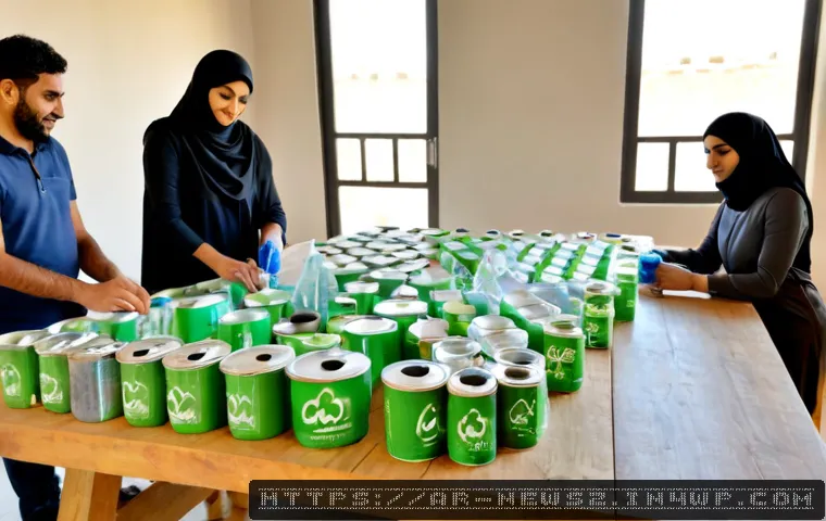 업사이클링 스타트업의 환경적 책임 - Photorealistic sustainable upcycling startup workshop in a modern Arab city, diverse Arab entreprene...