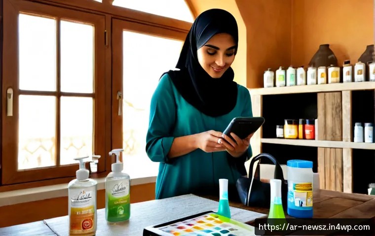 Home 17 업사이클링 제품의 소비자 수요 분석 - Photorealistic modern market research scene in a sunlit Arabic Gulf home office, a diverse Arab woma...